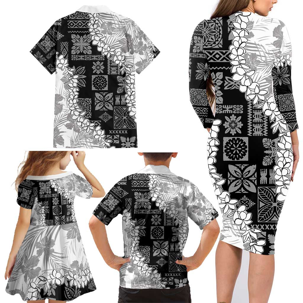 Hawaii Aloha Family Matching Long Sleeve Bodycon Dress and Hawaiian Shirt White Quilt Patch Work Mix Plumeria Lei LT7 - Polynesian Pride