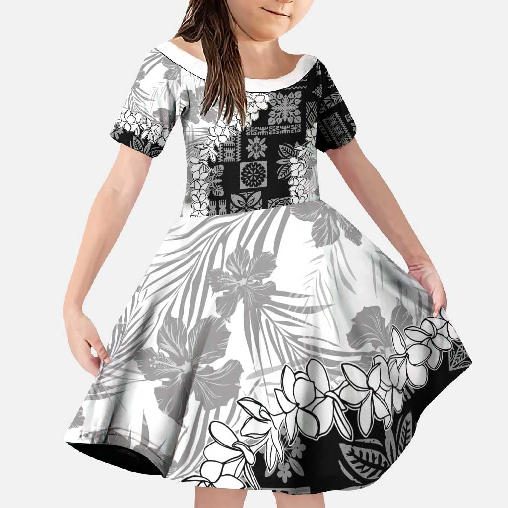 Hawaii Aloha Family Matching Mermaid Dress and Hawaiian Shirt White Quilt Patch Work Mix Plumeria Lei LT7 Daughter's Dress White - Polynesian Pride