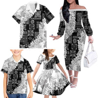 Hawaii Aloha Family Matching Off The Shoulder Long Sleeve Dress and Hawaiian Shirt White Quilt Patch Work Mix Plumeria Lei LT7 - Polynesian Pride