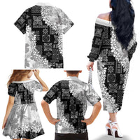 Hawaii Aloha Family Matching Off The Shoulder Long Sleeve Dress and Hawaiian Shirt White Quilt Patch Work Mix Plumeria Lei LT7 - Polynesian Pride