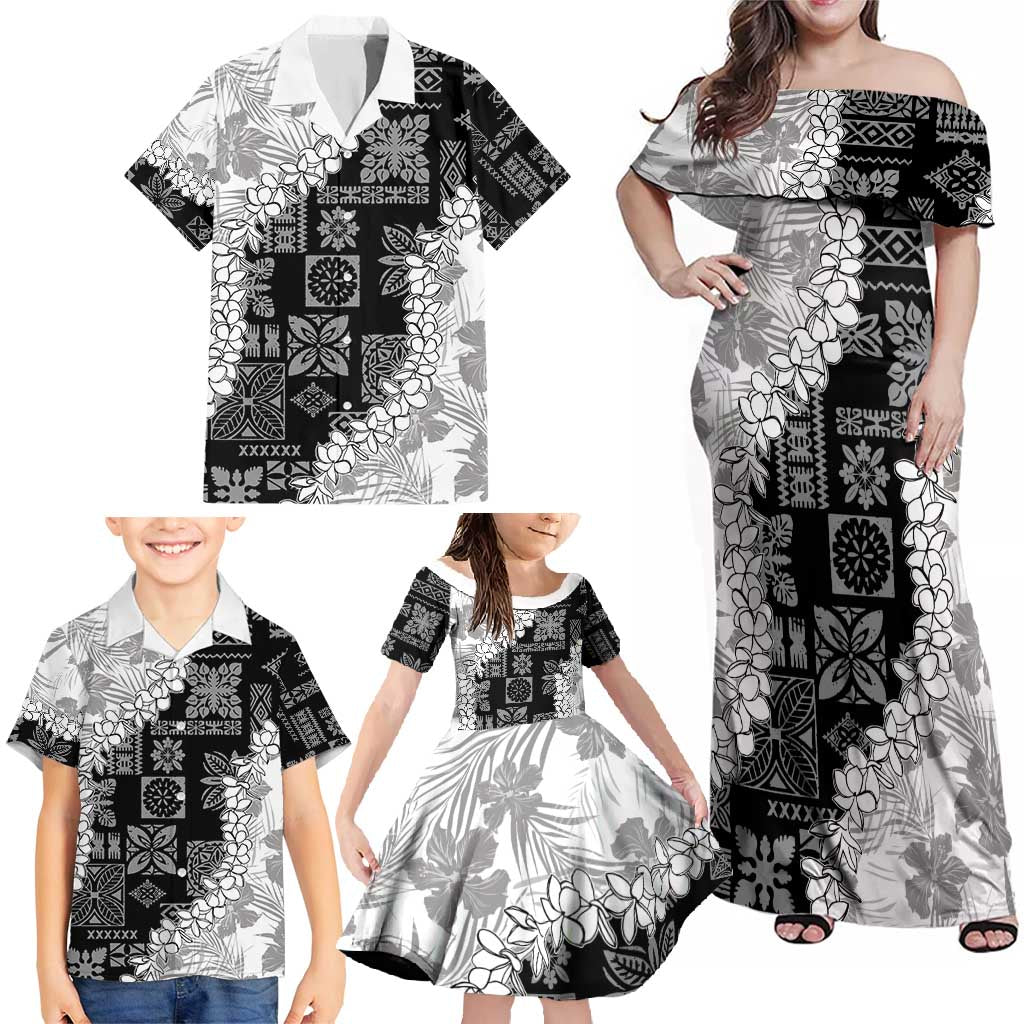 Hawaii Aloha Family Matching Off Shoulder Maxi Dress and Hawaiian Shirt White Quilt Patch Work Mix Plumeria Lei LT7 - Polynesian Pride