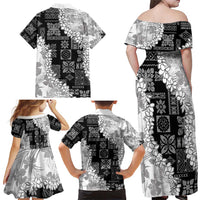 Hawaii Aloha Family Matching Off Shoulder Maxi Dress and Hawaiian Shirt White Quilt Patch Work Mix Plumeria Lei LT7 - Polynesian Pride