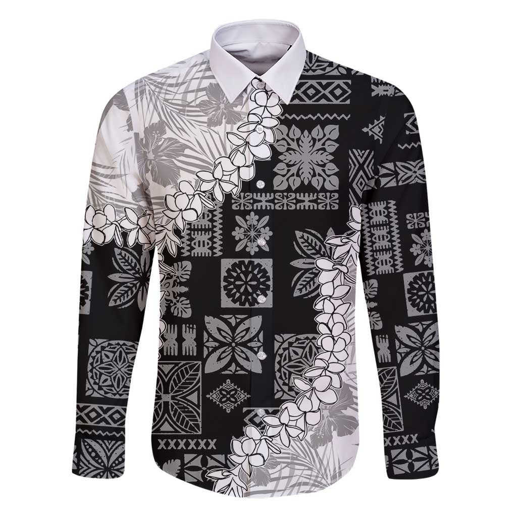 Hawaii Aloha Family Matching Off Shoulder Maxi Dress and Hawaiian Shirt White Quilt Patch Work Mix Plumeria Lei LT7 Dad's Shirt - Long Sleeve White - Polynesian Pride
