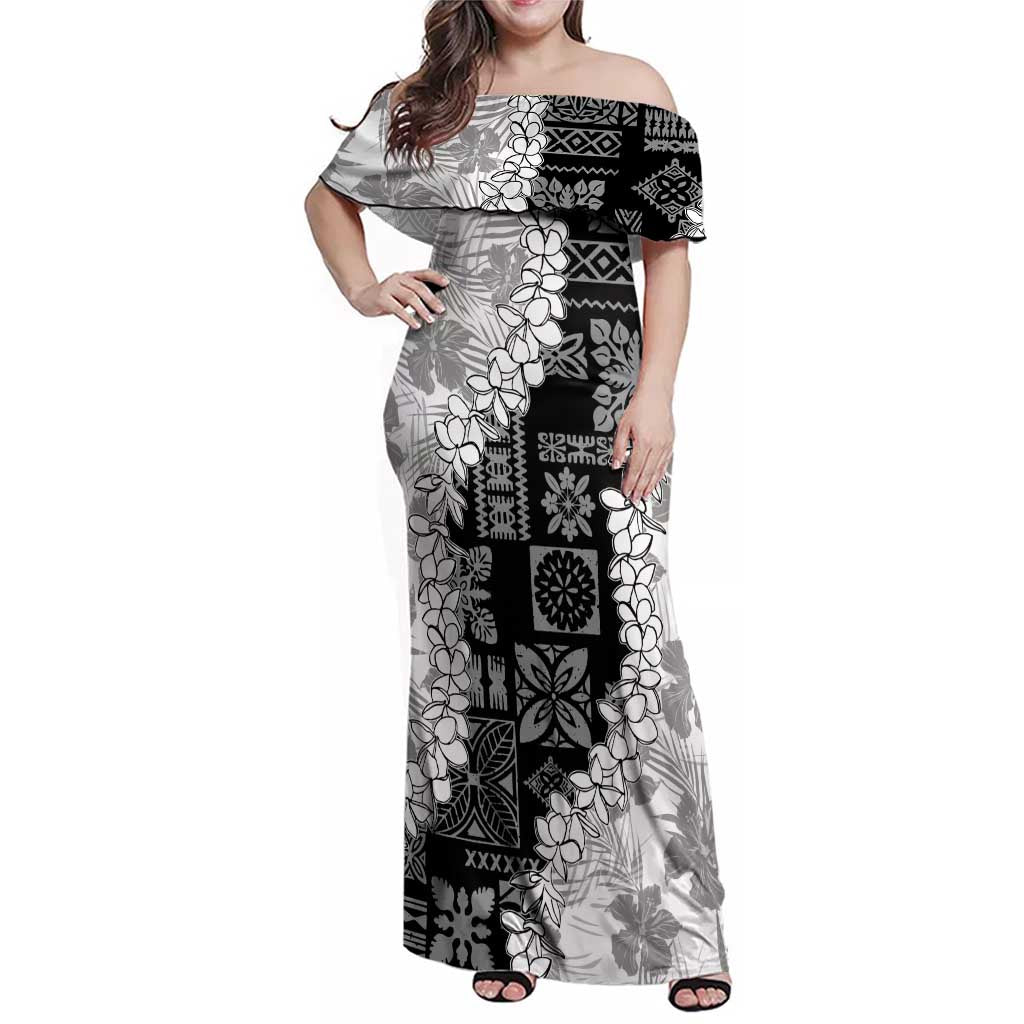 Hawaii Aloha Family Matching Off Shoulder Maxi Dress and Hawaiian Shirt White Quilt Patch Work Mix Plumeria Lei LT7 Mom's Dress White - Polynesian Pride
