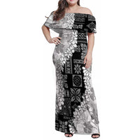 Hawaii Aloha Family Matching Off Shoulder Maxi Dress and Hawaiian Shirt White Quilt Patch Work Mix Plumeria Lei LT7 Mom's Dress White - Polynesian Pride