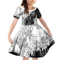 Hawaii Aloha Family Matching Off Shoulder Short Dress and Hawaiian Shirt White Quilt Patch Work Mix Plumeria Lei LT7 Daughter's Dress White - Polynesian Pride