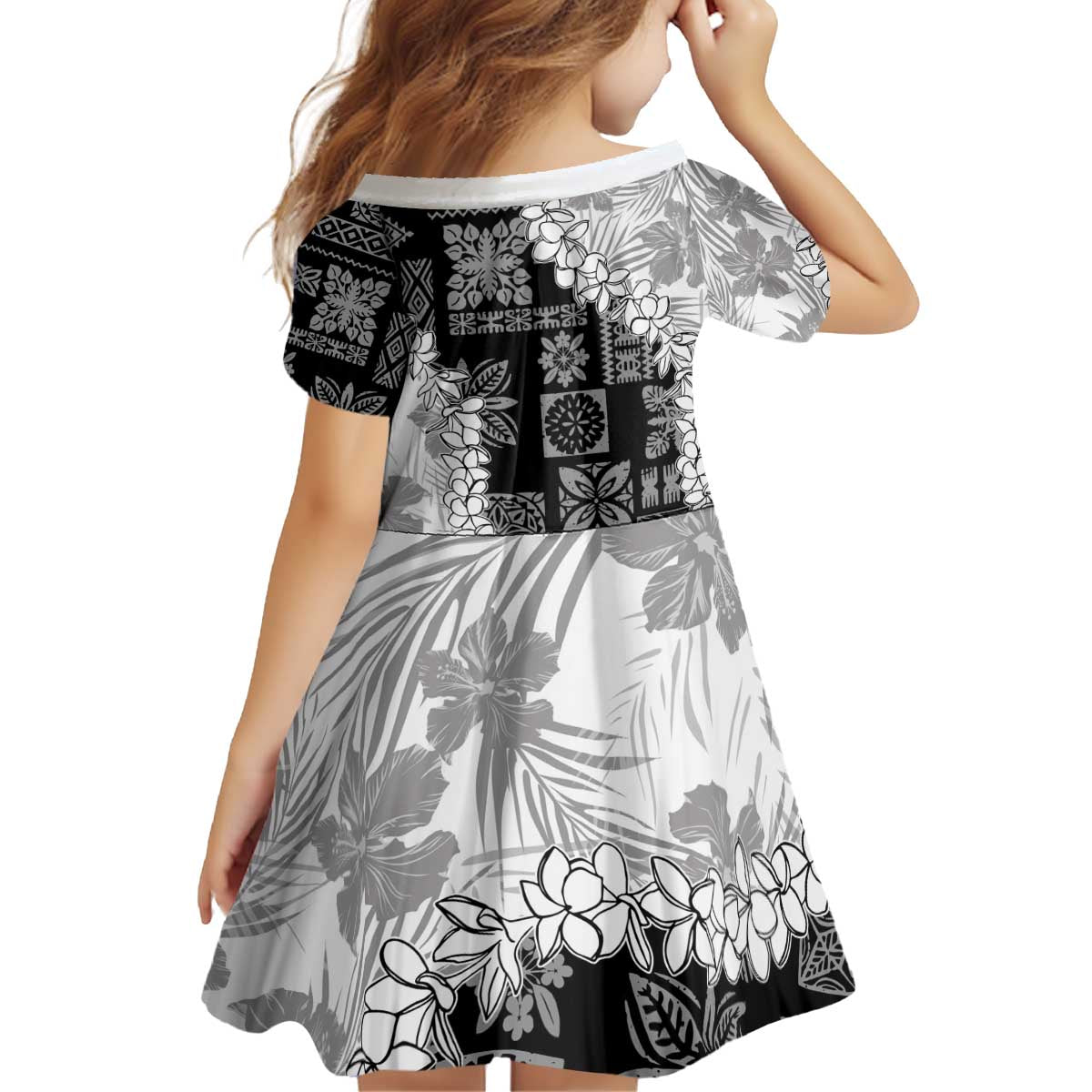 Hawaii Aloha Family Matching Off Shoulder Short Dress and Hawaiian Shirt White Quilt Patch Work Mix Plumeria Lei LT7 - Polynesian Pride