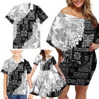 Hawaii Aloha Family Matching Off Shoulder Short Dress and Hawaiian Shirt White Quilt Patch Work Mix Plumeria Lei LT7 - Polynesian Pride