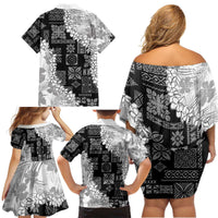 Hawaii Aloha Family Matching Off Shoulder Short Dress and Hawaiian Shirt White Quilt Patch Work Mix Plumeria Lei LT7 - Polynesian Pride