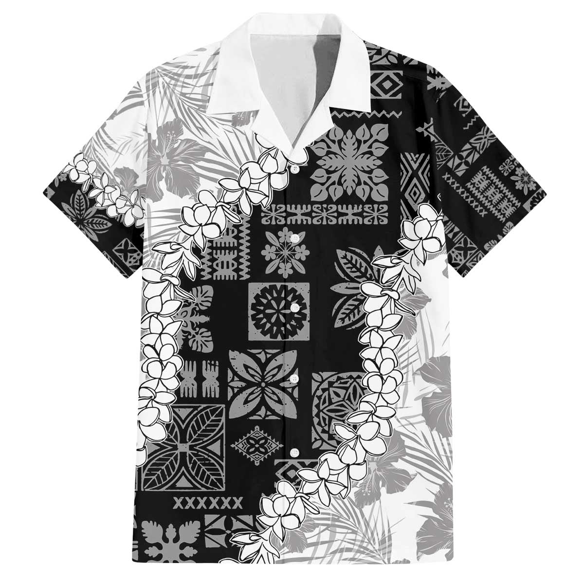 Hawaii Aloha Family Matching Off Shoulder Short Dress and Hawaiian Shirt White Quilt Patch Work Mix Plumeria Lei LT7 Dad's Shirt - Short Sleeve White - Polynesian Pride