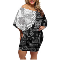 Hawaii Aloha Family Matching Off Shoulder Short Dress and Hawaiian Shirt White Quilt Patch Work Mix Plumeria Lei LT7 Mom's Dress White - Polynesian Pride