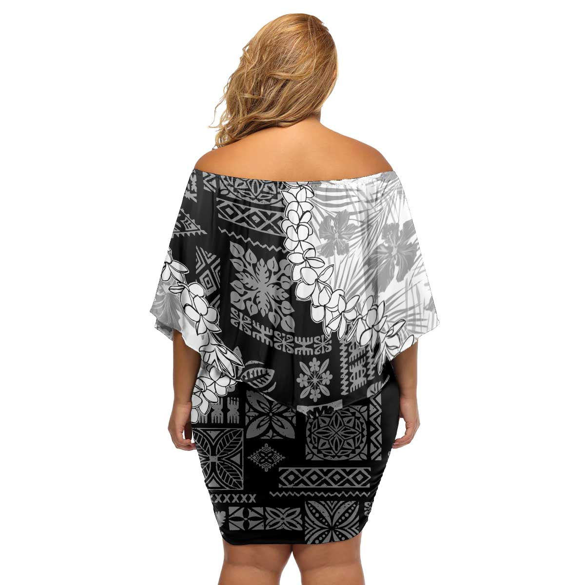 Hawaii Aloha Family Matching Off Shoulder Short Dress and Hawaiian Shirt White Quilt Patch Work Mix Plumeria Lei LT7 - Polynesian Pride