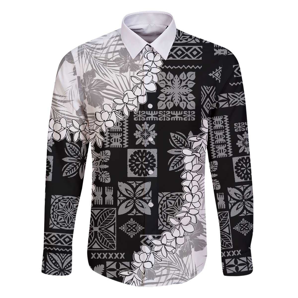 Hawaii Aloha Family Matching Puletasi and Hawaiian Shirt White Quilt Patch Work Mix Plumeria Lei LT7 Dad's Shirt - Long Sleeve White - Polynesian Pride