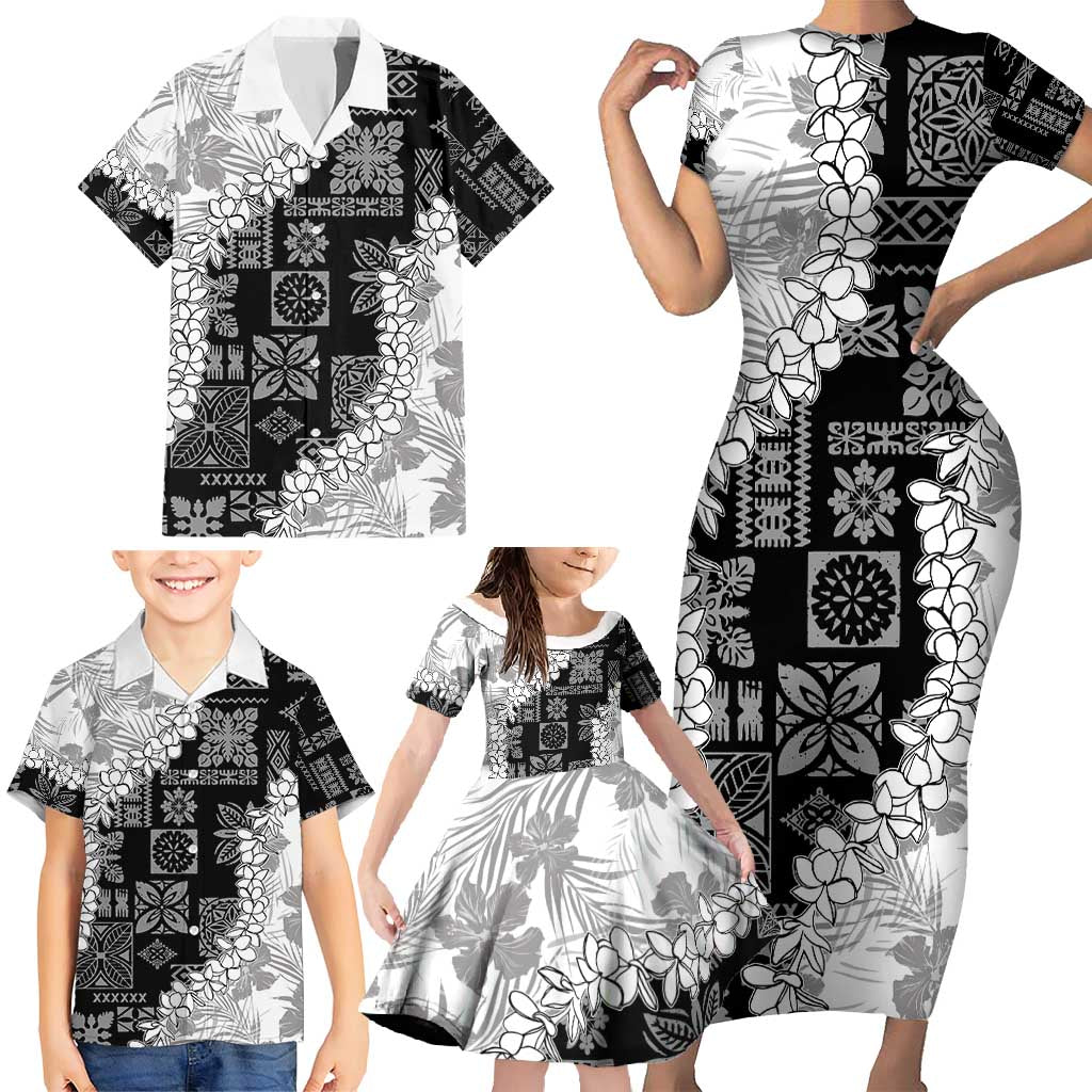 Hawaii Aloha Family Matching Short Sleeve Bodycon Dress and Hawaiian Shirt White Quilt Patch Work Mix Plumeria Lei LT7 - Polynesian Pride