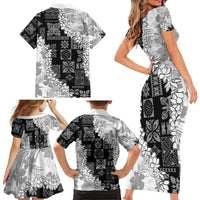 Hawaii Aloha Family Matching Short Sleeve Bodycon Dress and Hawaiian Shirt White Quilt Patch Work Mix Plumeria Lei LT7 - Polynesian Pride