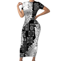 Hawaii Aloha Family Matching Short Sleeve Bodycon Dress and Hawaiian Shirt White Quilt Patch Work Mix Plumeria Lei LT7 Mom's Dress White - Polynesian Pride