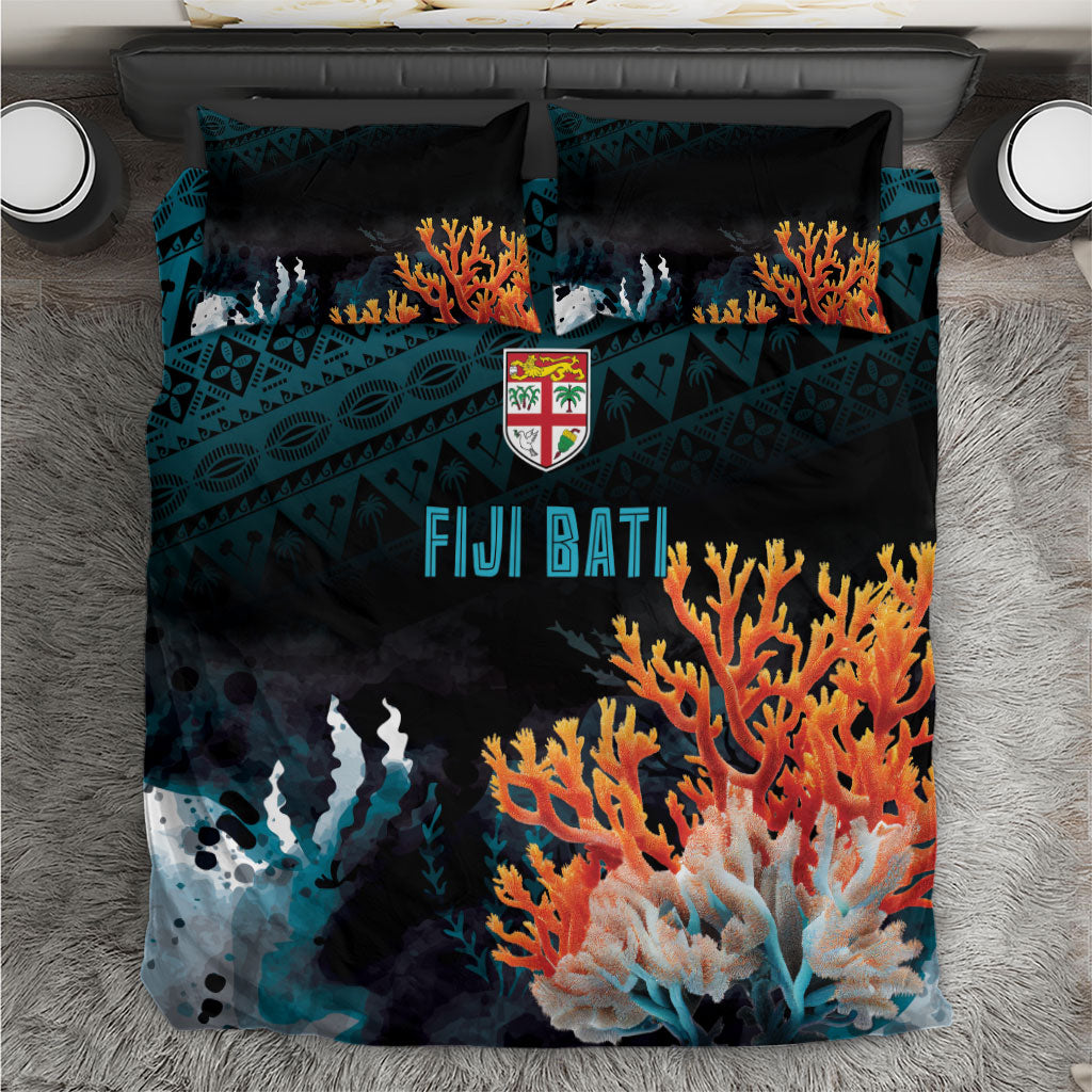 Fiji Bati Rugby Viti Masi Bedding Set Coral Motifs LT7 Black Turquoise - Polynesian Pride