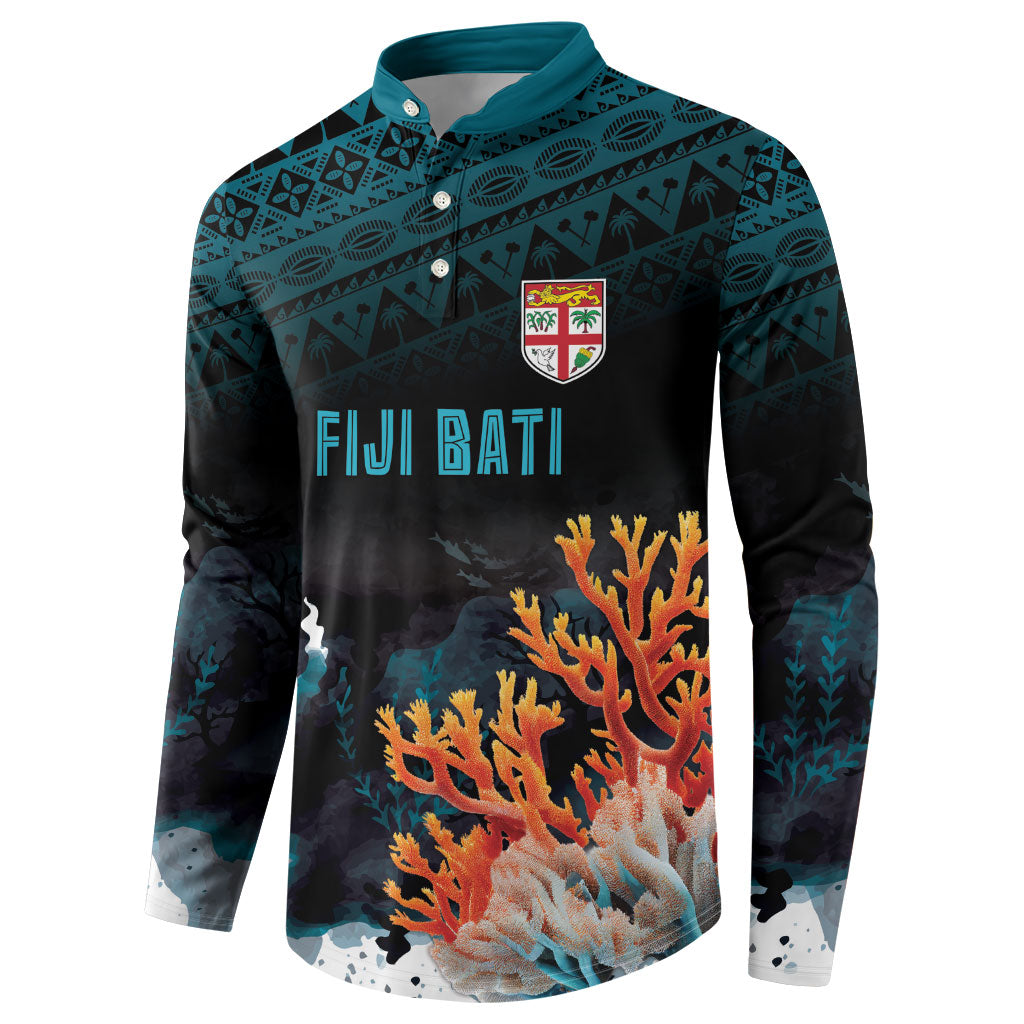 Fiji Bati Rugby Custom Viti Masi Button Sweatshirt Coral Motifs LT7 - Polynesian Pride