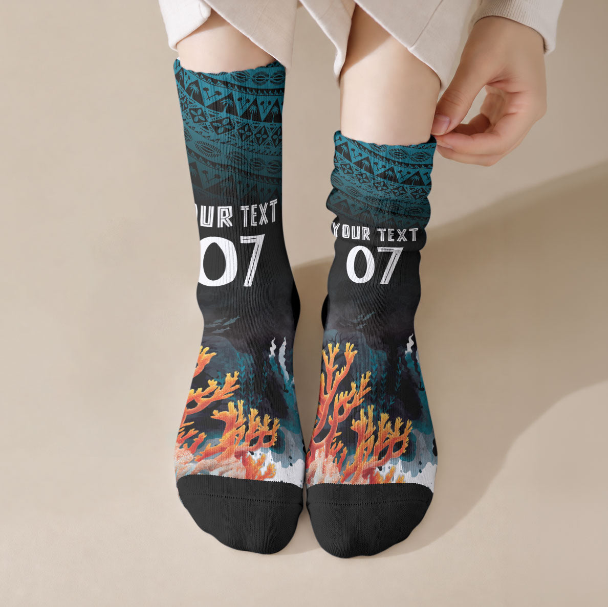 Fiji Bati Rugby Custom Viti Masi Crew Socks Coral Motifs LT7 Crew Socks Black Turquoise - Polynesian Pride