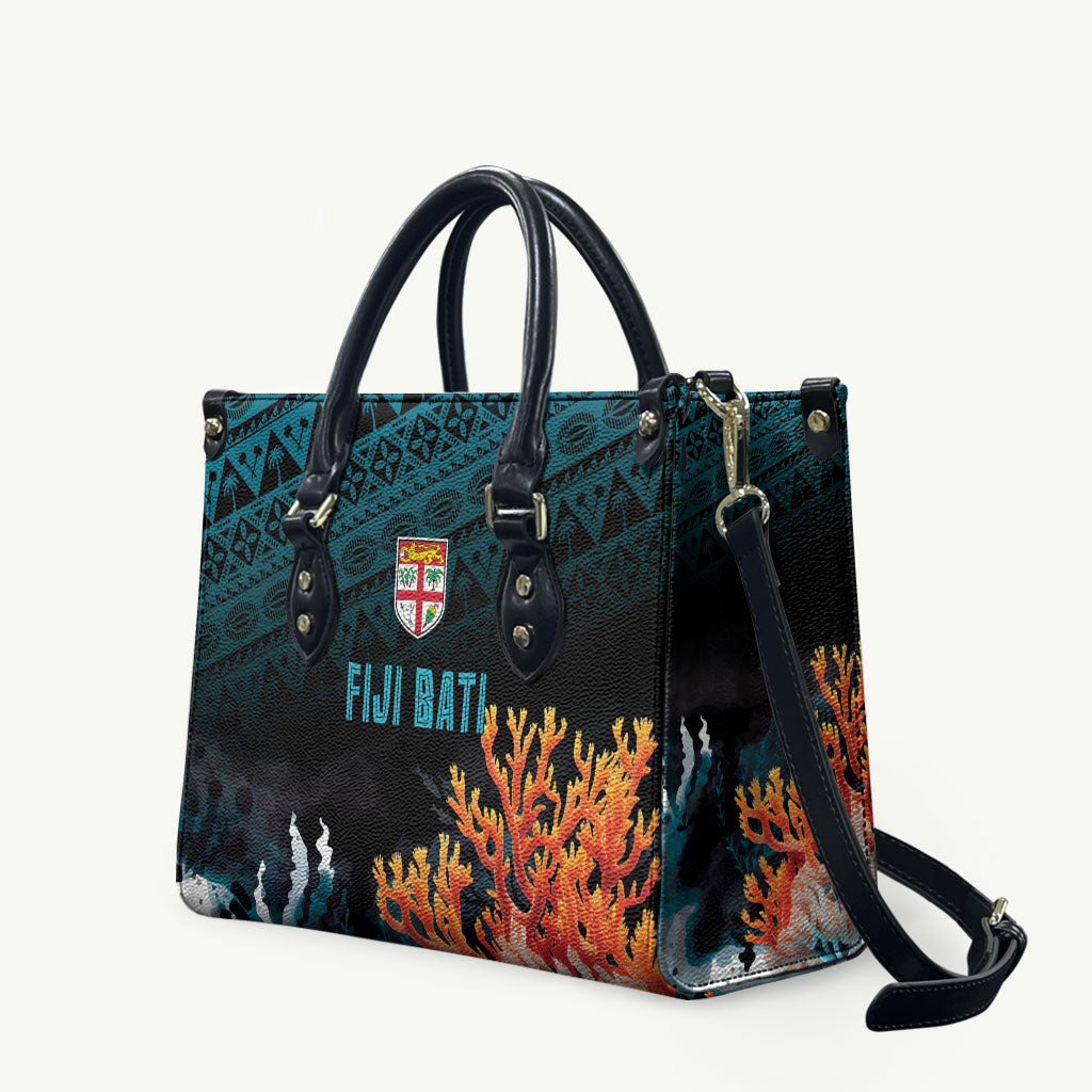 Fiji Bati Rugby Viti Masi Leather Bag Coral Motifs LT7 Black Turquoise - Polynesian Pride