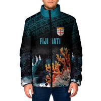 Fiji Bati Rugby Custom Viti Masi Padded Jacket Coral Motifs LT7 Men Black Turquoise - Polynesian Pride