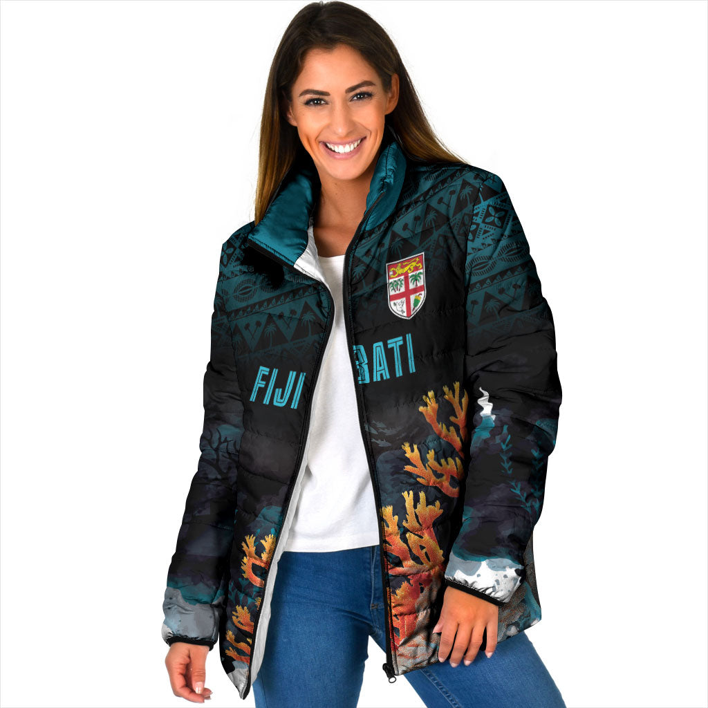 Fiji Bati Rugby Custom Viti Masi Padded Jacket Coral Motifs LT7 Women Black Turquoise - Polynesian Pride