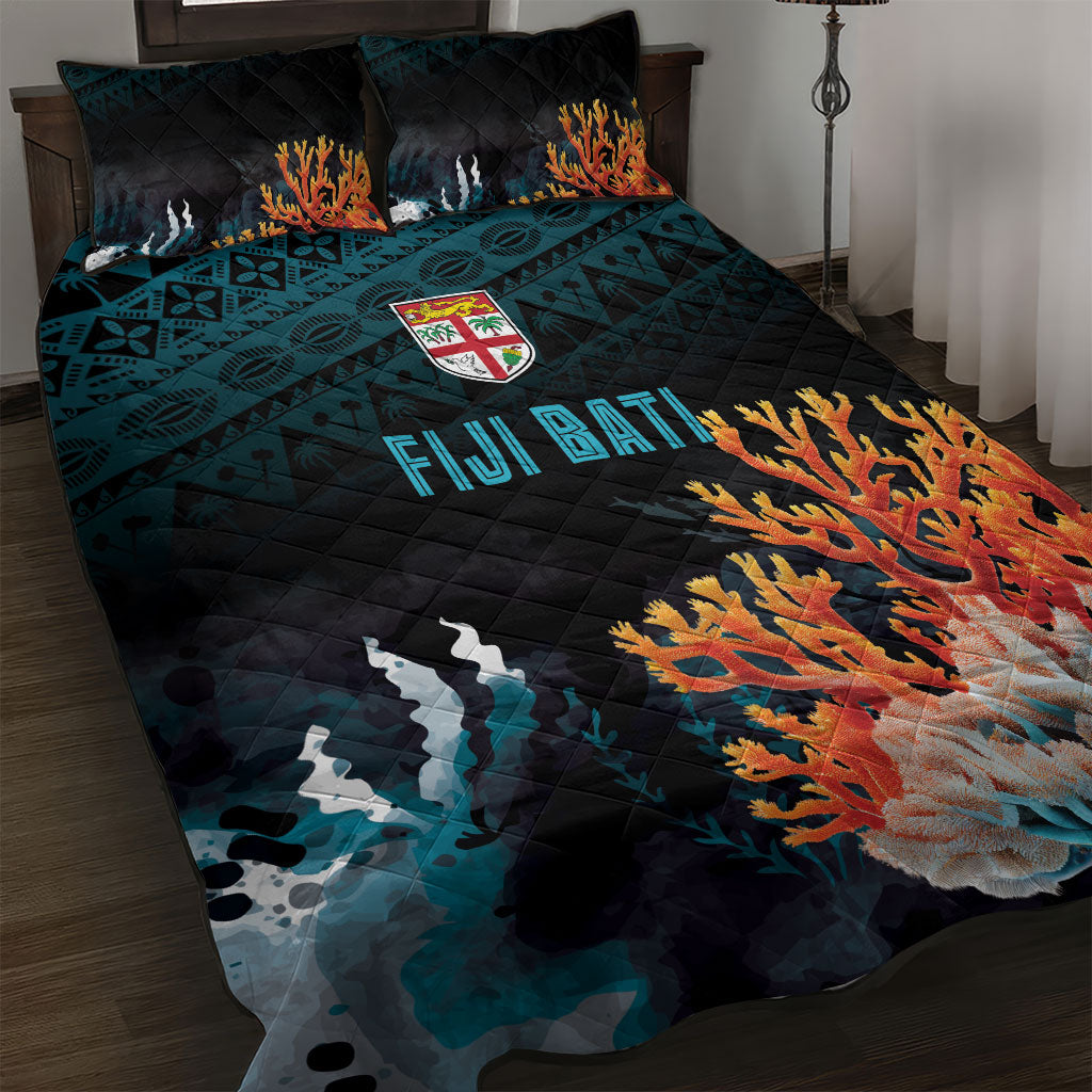 Fiji Bati Rugby Viti Masi Quilt Bed Set Coral Motifs LT7 Black Turquoise - Polynesian Pride
