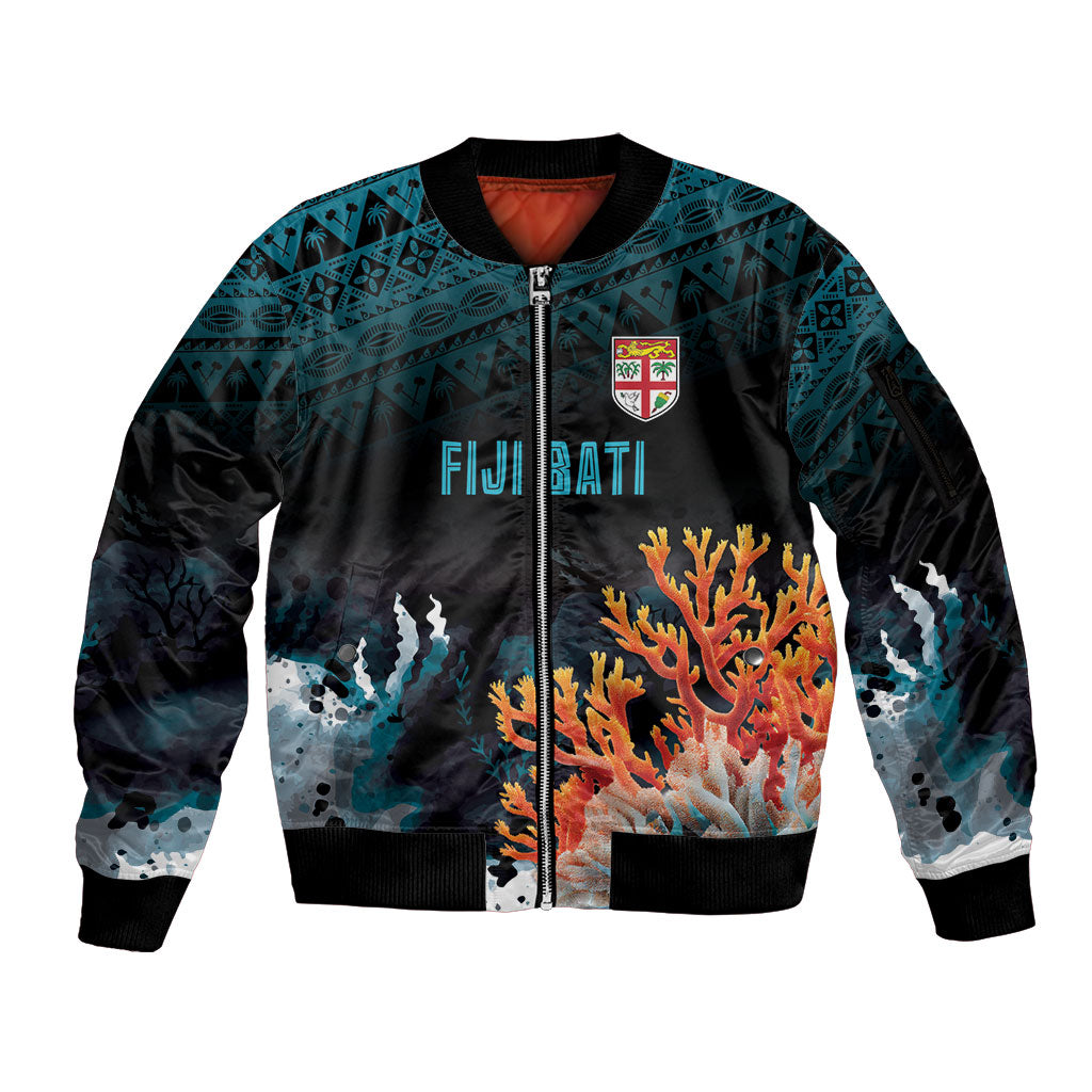 Fiji Bati Rugby Custom Viti Masi Sleeve Zip Bomber Jacket Coral Motifs LT7 Unisex Black Turquoise - Polynesian Pride