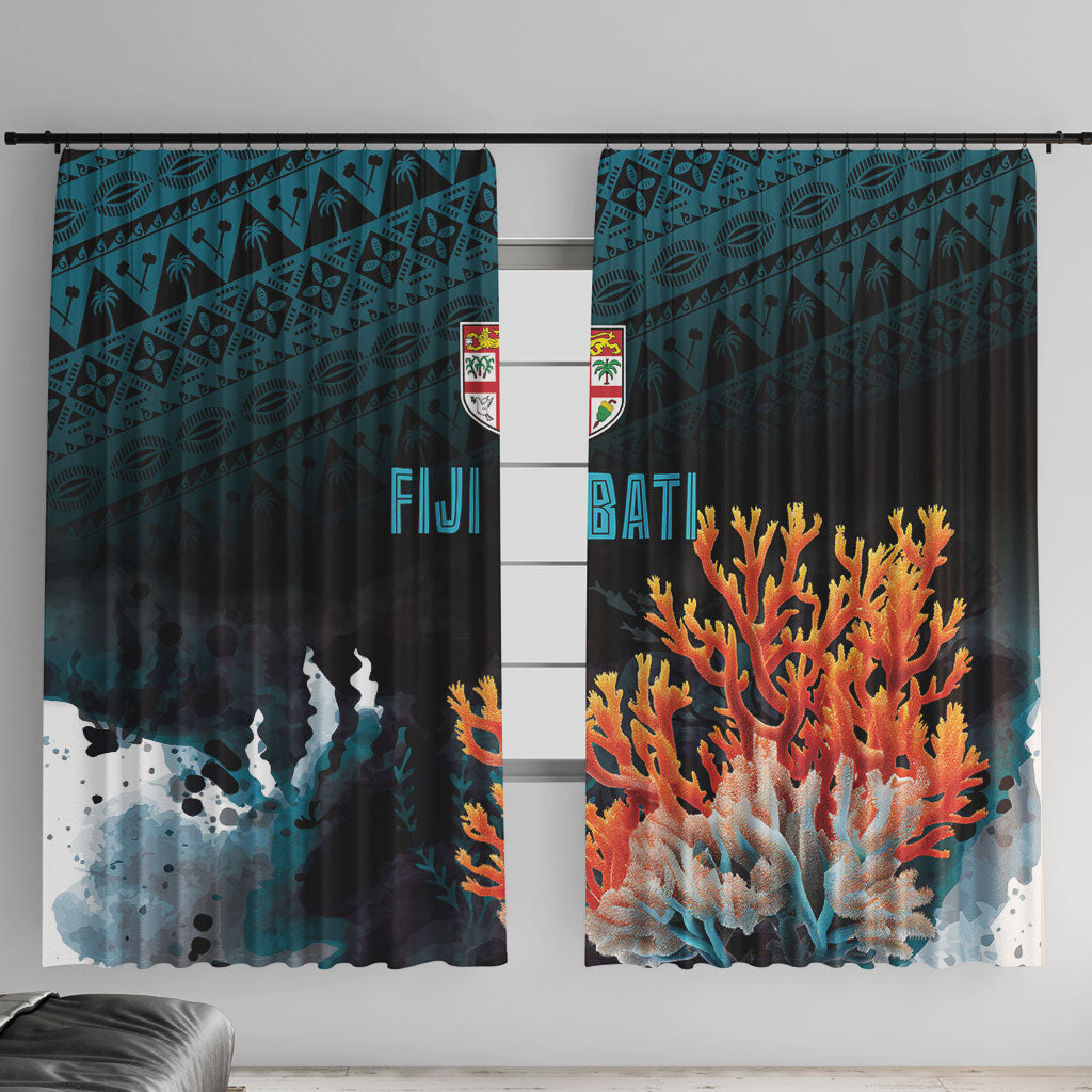 Fiji Bati Rugby Viti Masi Window Curtain Coral Motifs LT7 With Hooks Black Turquoise - Polynesian Pride