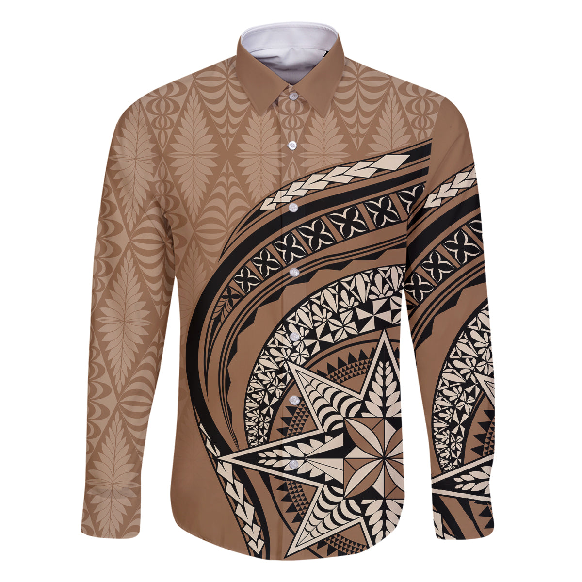 Tonga Ngatu Family Matching Mermaid Dress and Hawaiian Shirt Tokelau Classic Motifs LT7 Dad's Shirt - Long Sleeve Brown - Polynesian Pride