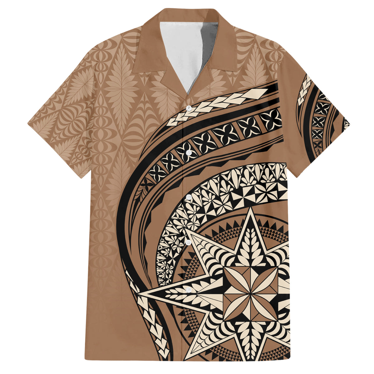 Tonga Ngatu Family Matching Short Sleeve Bodycon Dress and Hawaiian Shirt Tokelau Classic Motifs LT7 Dad's Shirt - Short Sleeve Brown - Polynesian Pride