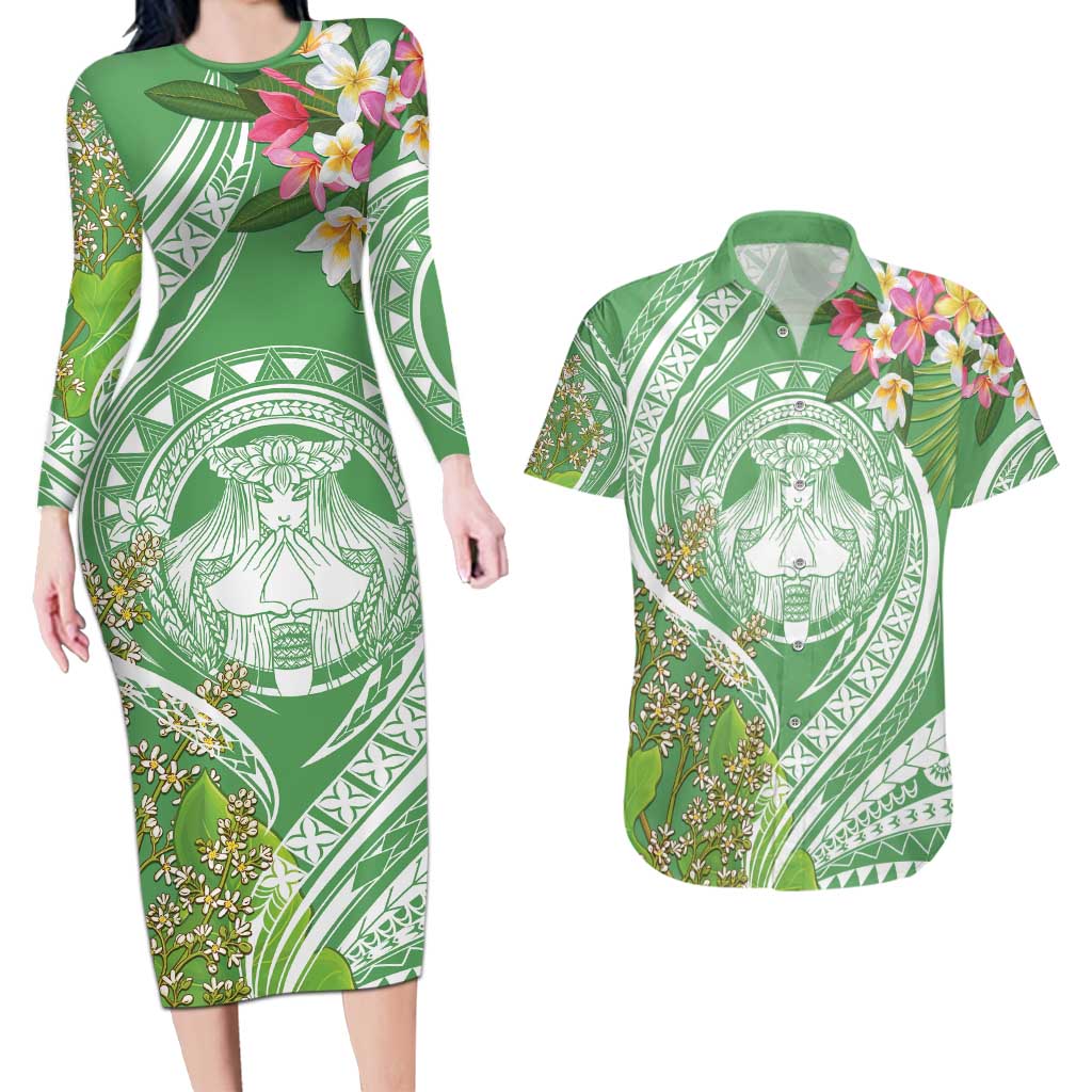 Aloha Molokai Island Couples Matching Long Sleeve Bodycon Dress and Hawaiian Shirt Hawaii Pua Kukui LT7 Green - Polynesian Pride