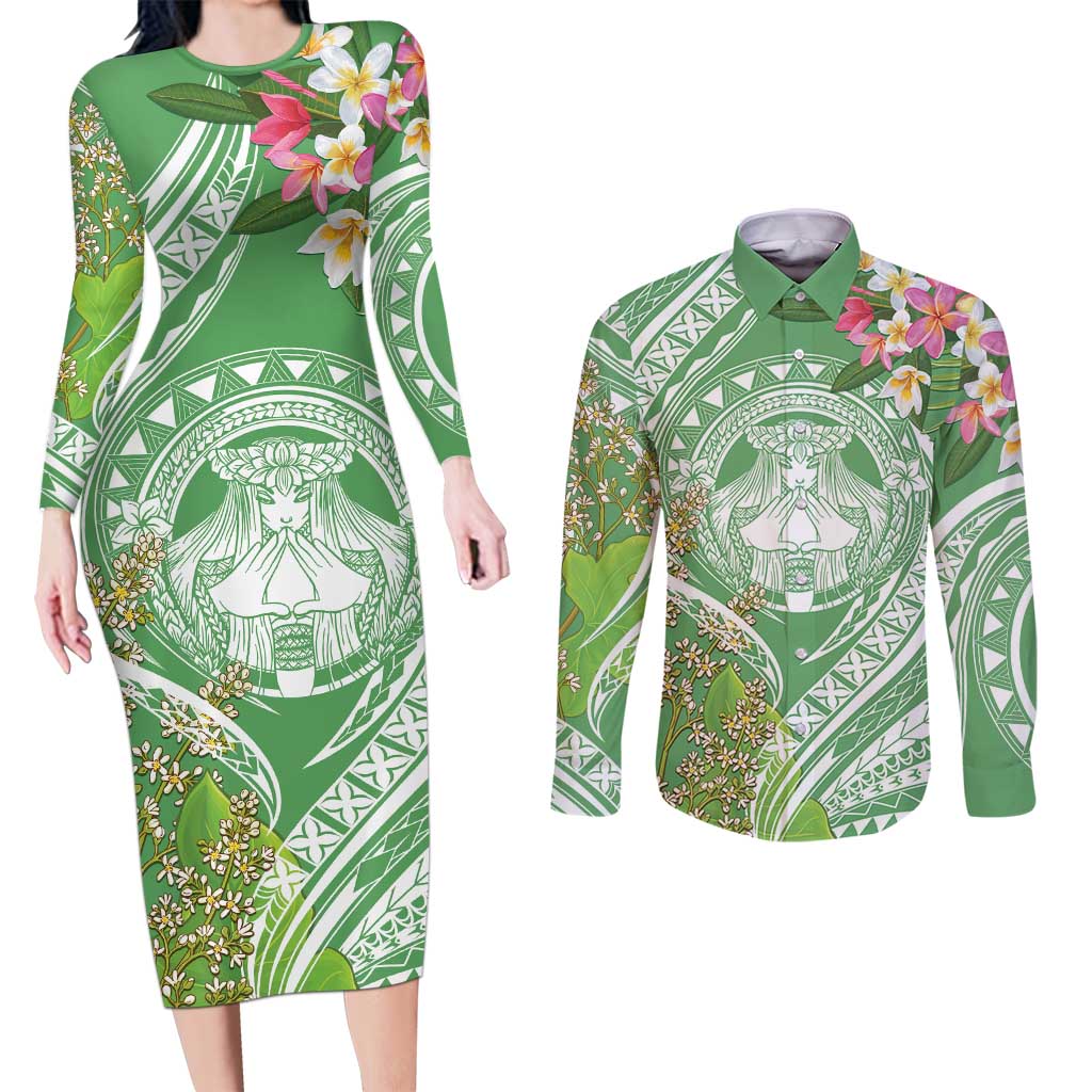 Aloha Molokai Island Couples Matching Long Sleeve Bodycon Dress and Long Sleeve Button Shirt Hawaii Pua Kukui LT7 Green - Polynesian Pride