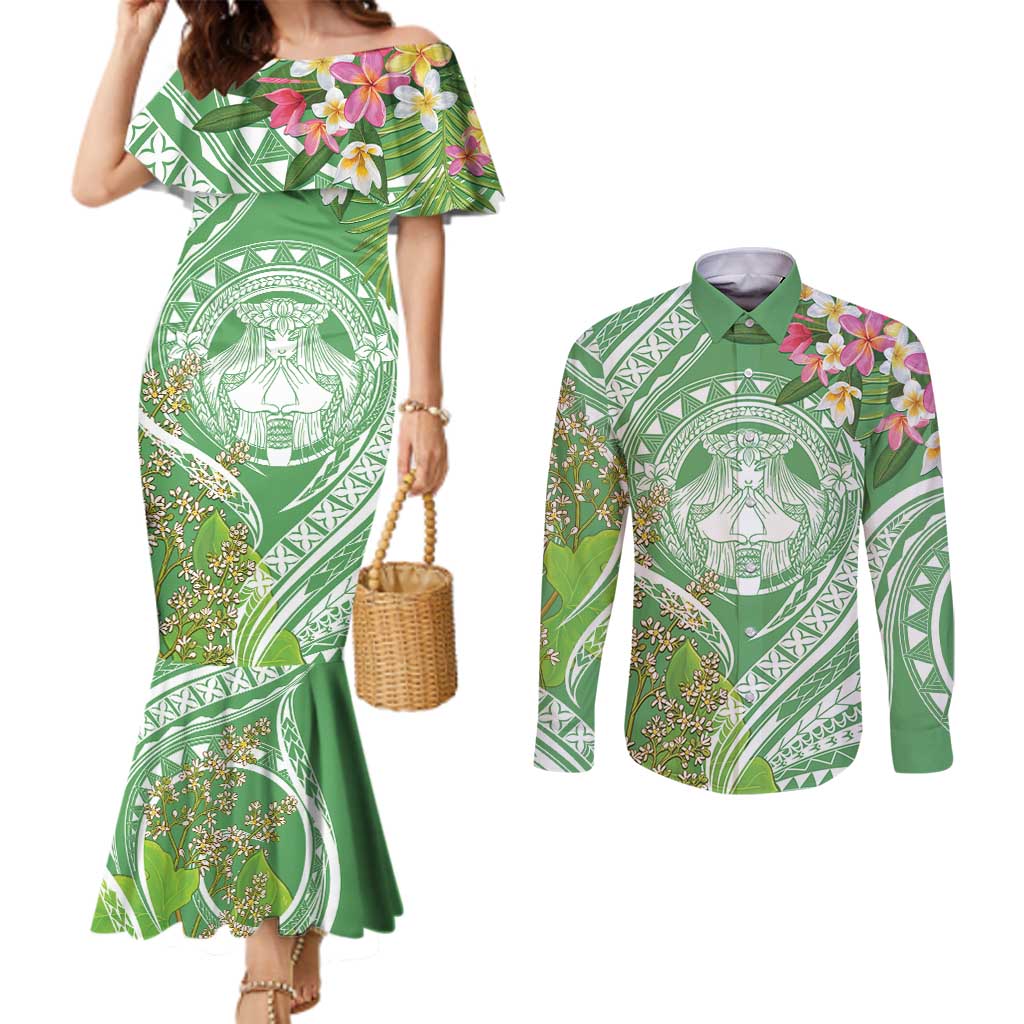 Aloha Molokai Island Couples Matching Mermaid Dress and Long Sleeve Button Shirt Hawaii Pua Kukui LT7 Green - Polynesian Pride