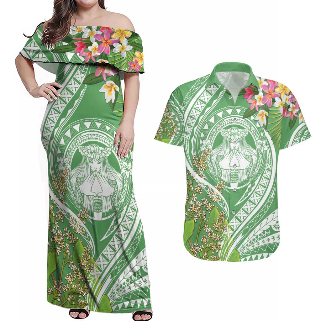 Aloha Molokai Island Couples Matching Off Shoulder Maxi Dress and Hawaiian Shirt Hawaii Pua Kukui LT7 Green - Polynesian Pride