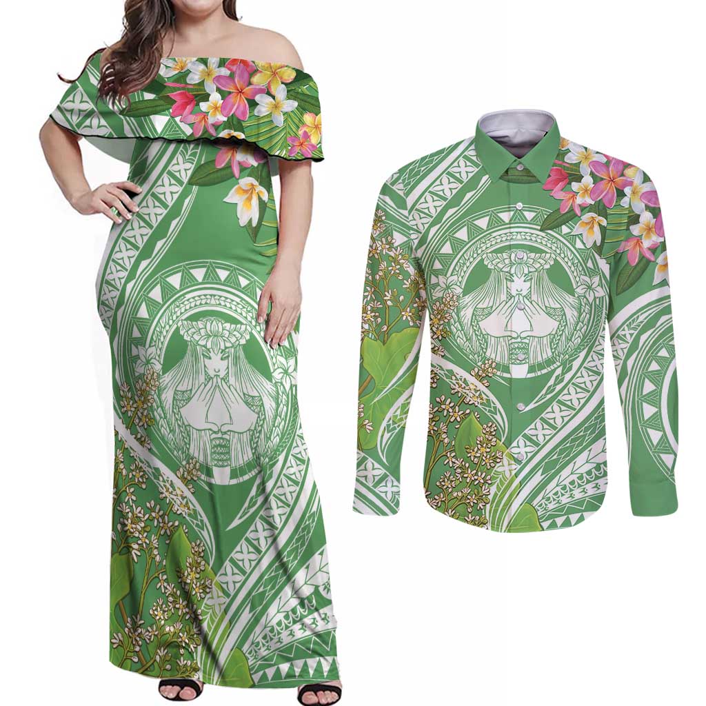 Aloha Molokai Island Couples Matching Off Shoulder Maxi Dress and Long Sleeve Button Shirt Hawaii Pua Kukui LT7 Green - Polynesian Pride
