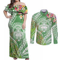 Aloha Molokai Island Couples Matching Off Shoulder Maxi Dress and Long Sleeve Button Shirt Hawaii Pua Kukui LT7 Green - Polynesian Pride