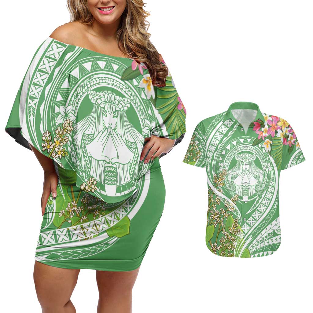 Aloha Molokai Island Couples Matching Off Shoulder Short Dress and Hawaiian Shirt Hawaii Pua Kukui