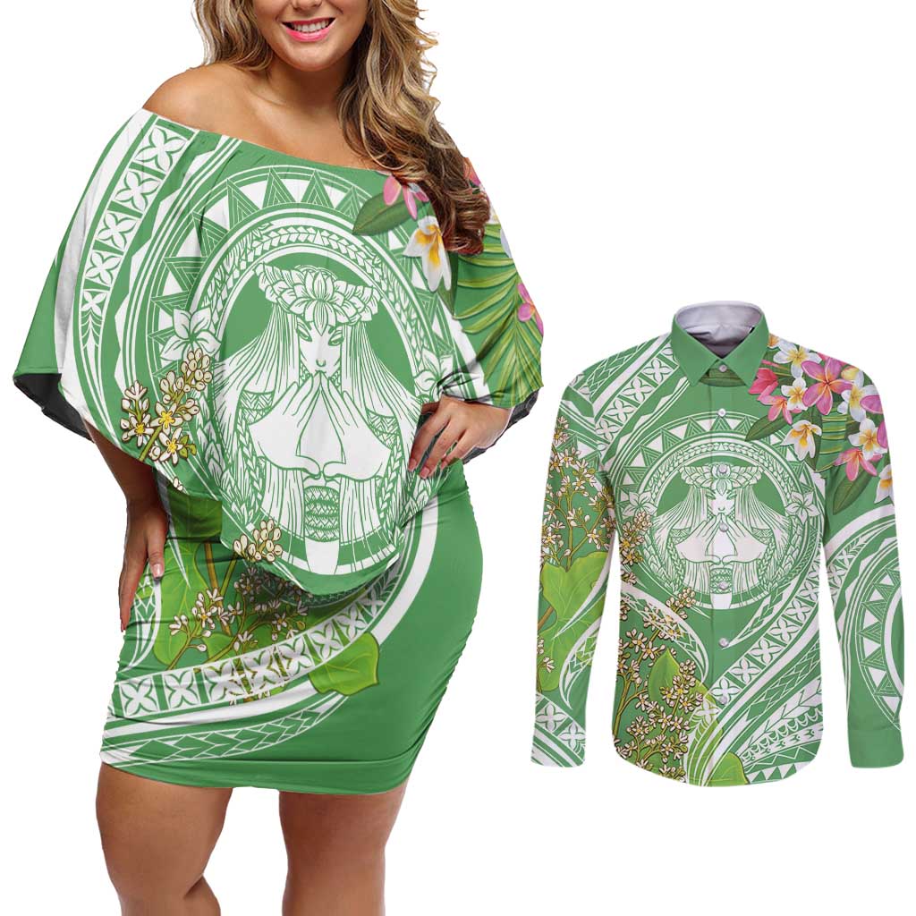 Aloha Molokai Island Couples Matching Off Shoulder Short Dress and Long Sleeve Button Shirt Hawaii Pua Kukui LT7 Green - Polynesian Pride