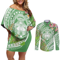 Aloha Molokai Island Couples Matching Off Shoulder Short Dress and Long Sleeve Button Shirt Hawaii Pua Kukui LT7 Green - Polynesian Pride