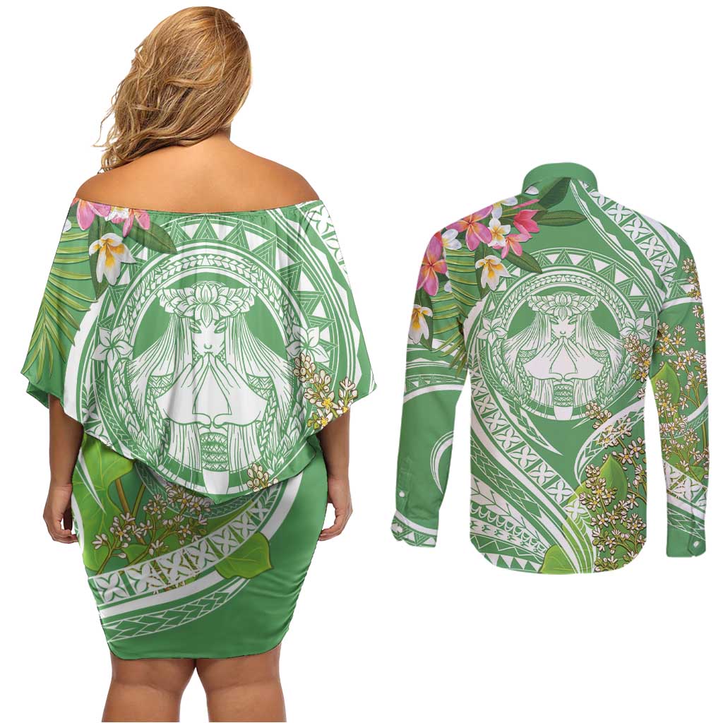 Aloha Molokai Island Couples Matching Off Shoulder Short Dress and Long Sleeve Button Shirt Hawaii Pua Kukui LT7 - Polynesian Pride