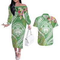Aloha Molokai Island Couples Matching Off The Shoulder Long Sleeve Dress and Hawaiian Shirt Hawaii Pua Kukui LT7 Green - Polynesian Pride