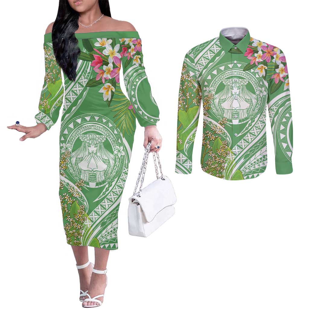 Aloha Molokai Island Couples Matching Off The Shoulder Long Sleeve Dress and Long Sleeve Button Shirt Hawaii Pua Kukui LT7 Green - Polynesian Pride