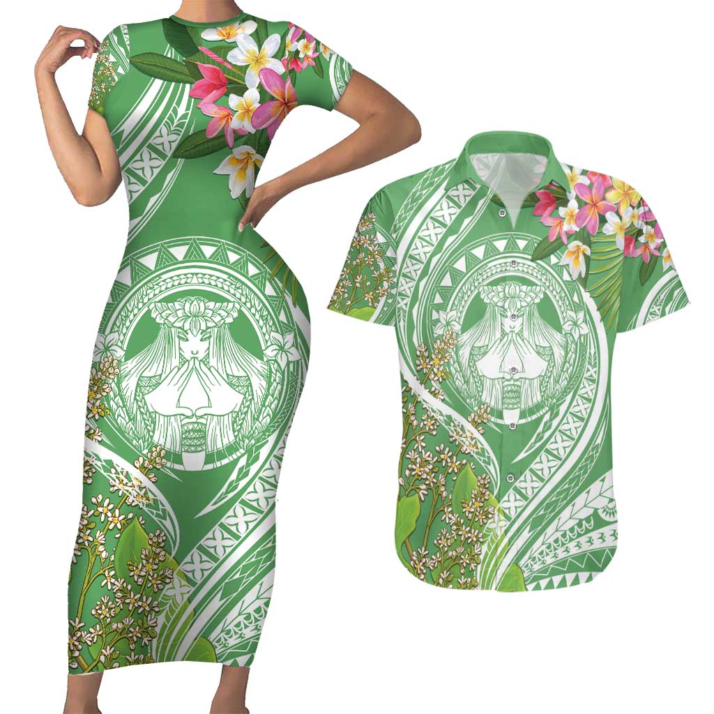 Aloha Molokai Island Couples Matching Short Sleeve Bodycon Dress and Hawaiian Shirt Hawaii Pua Kukui LT7 Green - Polynesian Pride