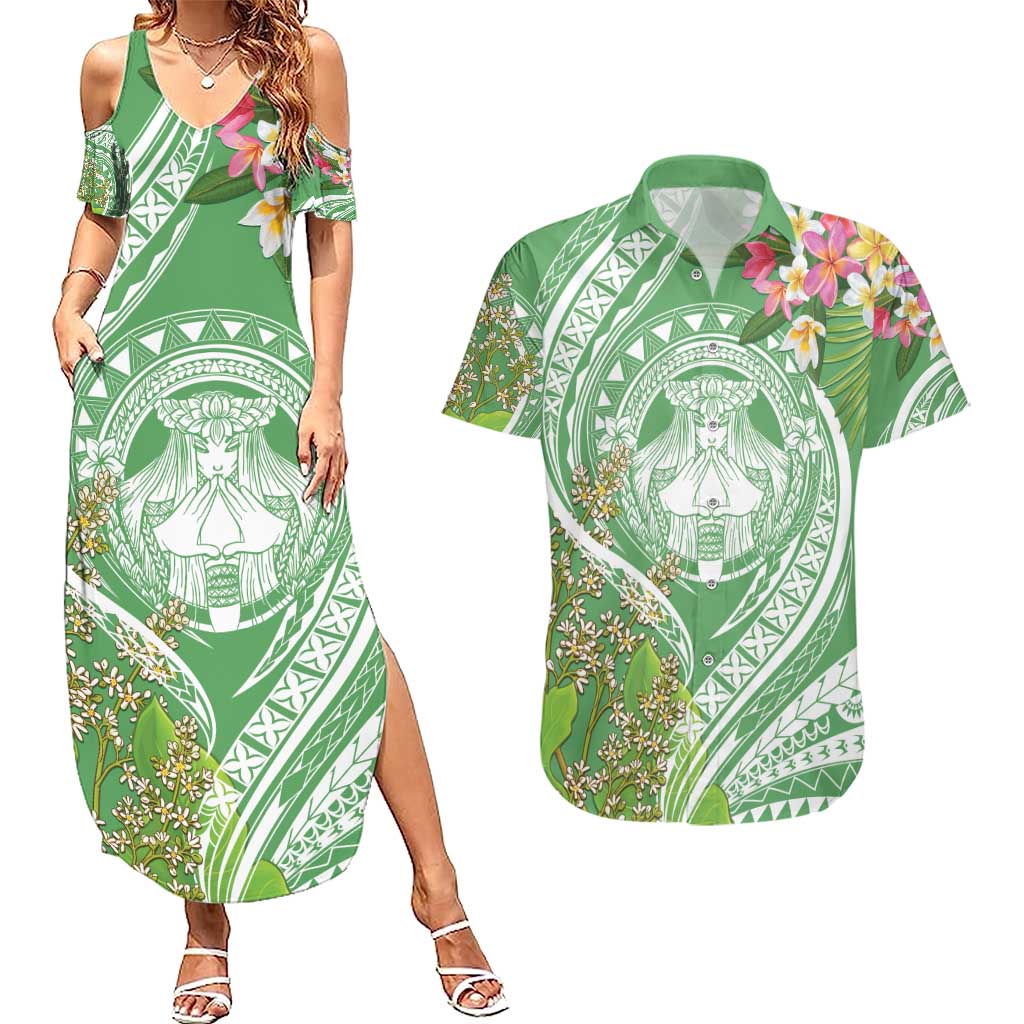 Aloha Molokai Island Couples Matching Summer Maxi Dress and Hawaiian Shirt Hawaii Pua Kukui LT7 Green - Polynesian Pride