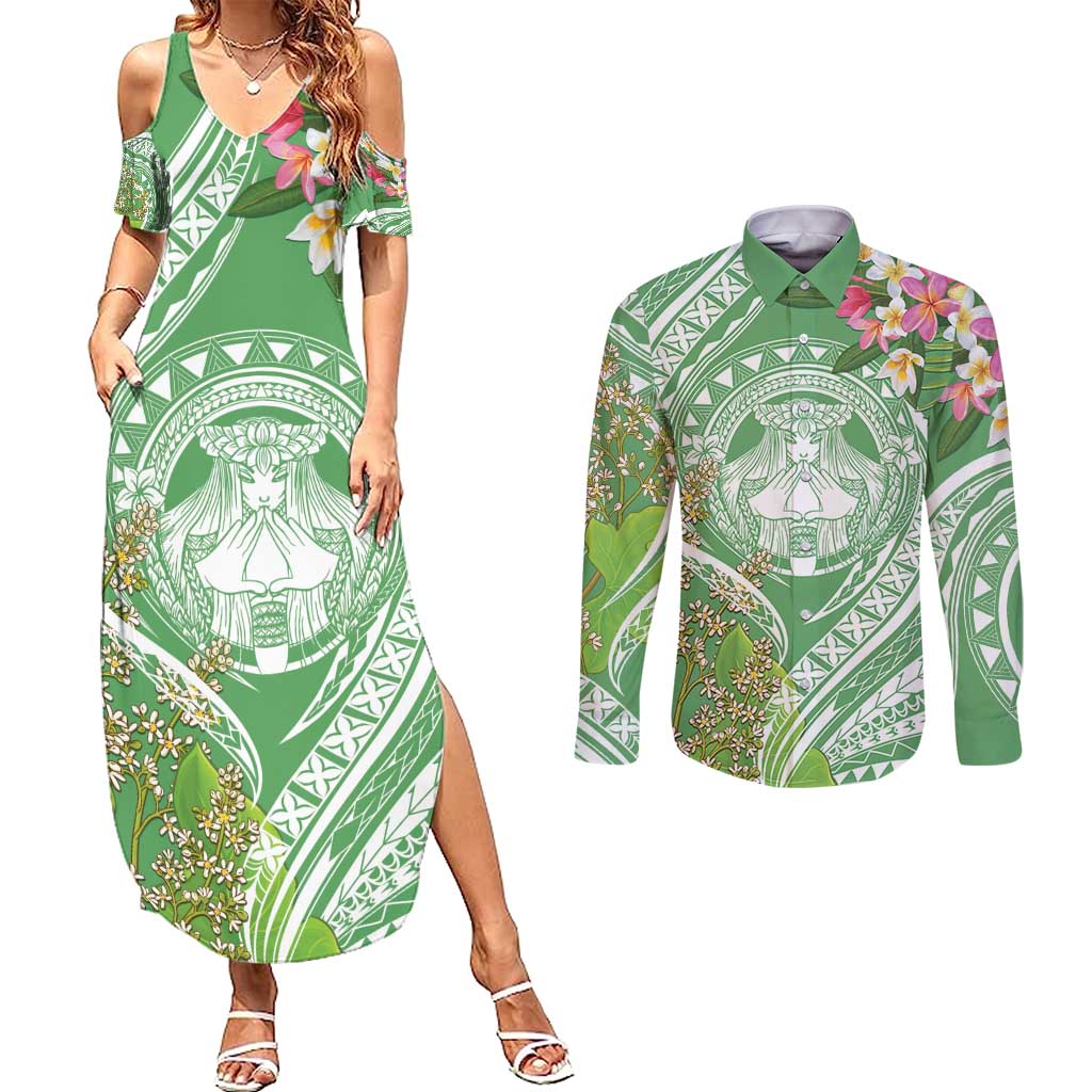 Aloha Molokai Island Couples Matching Summer Maxi Dress and Long Sleeve Button Shirt Hawaii Pua Kukui LT7 Green - Polynesian Pride