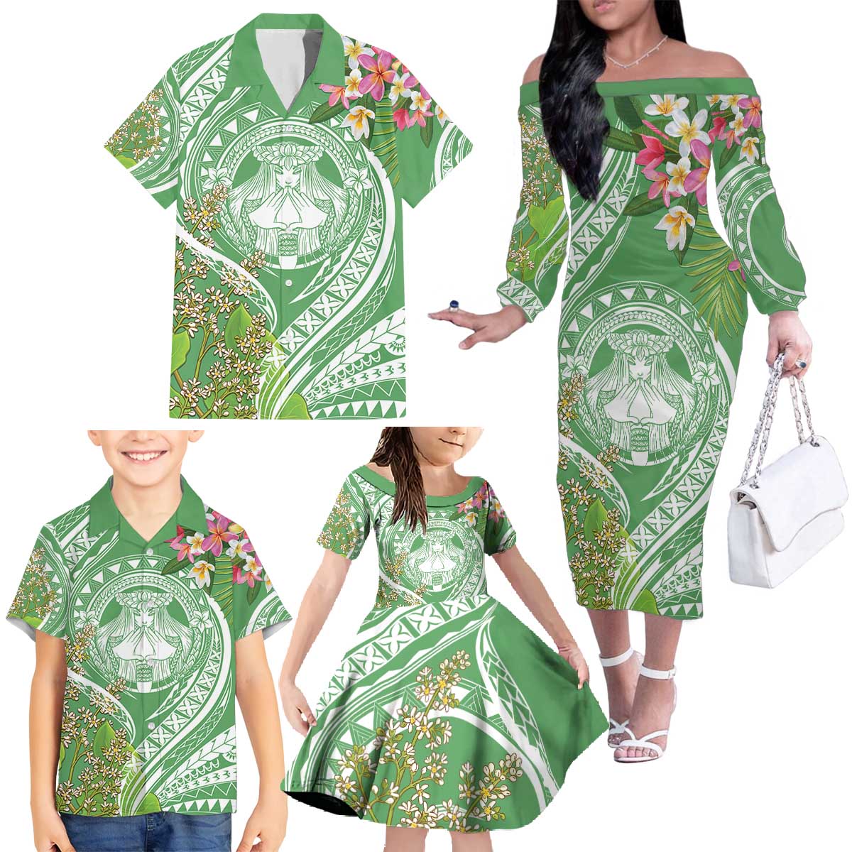 Aloha Molokai Island Family Matching Off The Shoulder Long Sleeve Dress and Hawaiian Shirt Hawaii Pua Kukui LT7 Green - Polynesian Pride