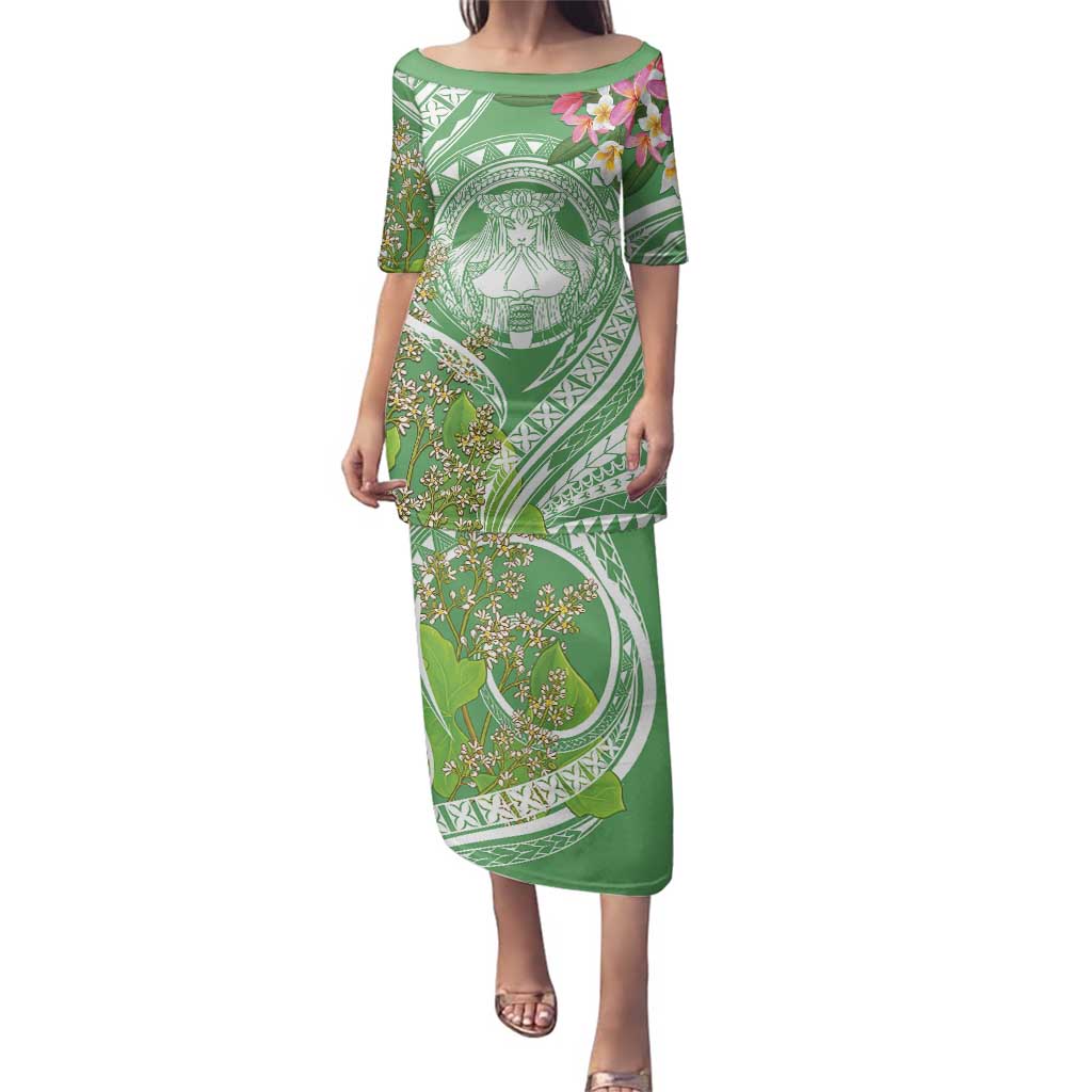 Aloha Molokai Island Family Matching Puletasi and Hawaiian Shirt Hawaii Pua Kukui LT7 Mom's Dress Green - Polynesian Pride