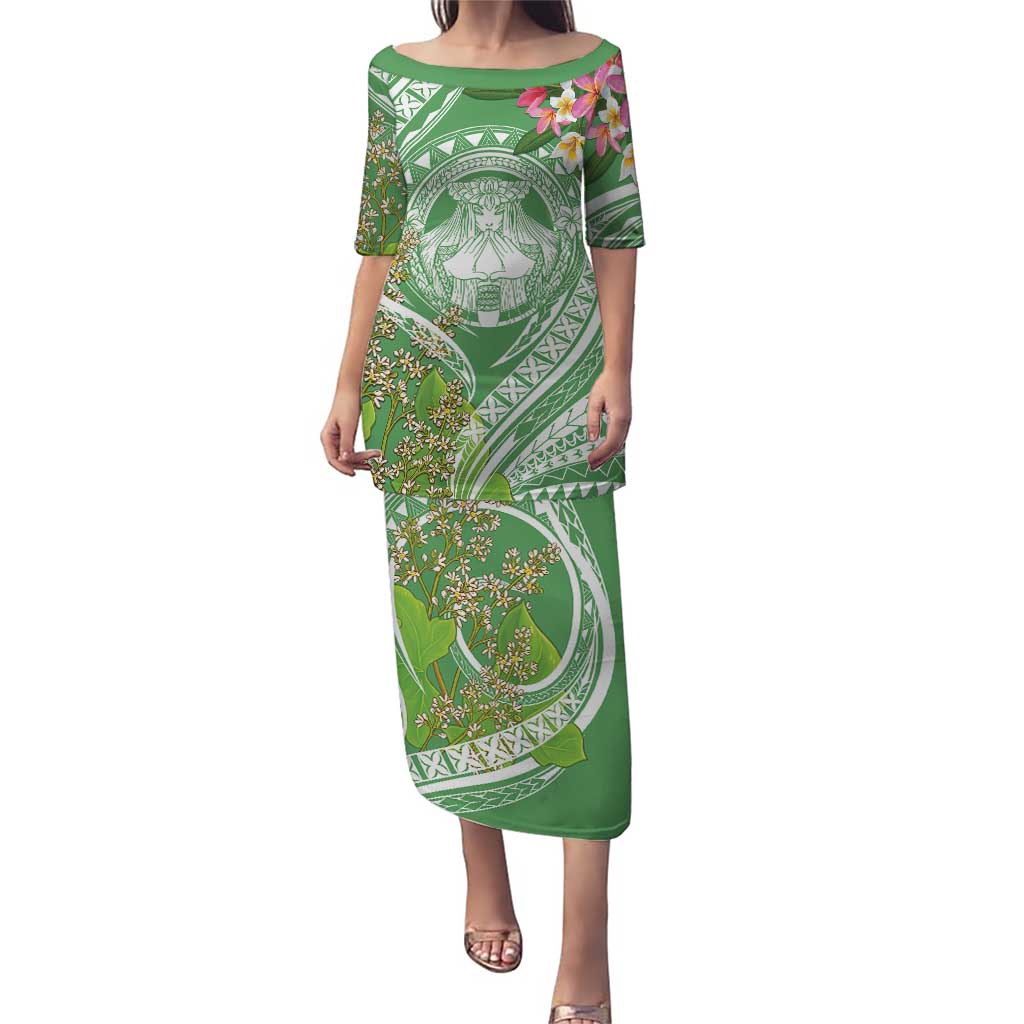Aloha Molokai Island Puletasi Hawaii Pua Kukui LT7 Long Dress Green - Polynesian Pride