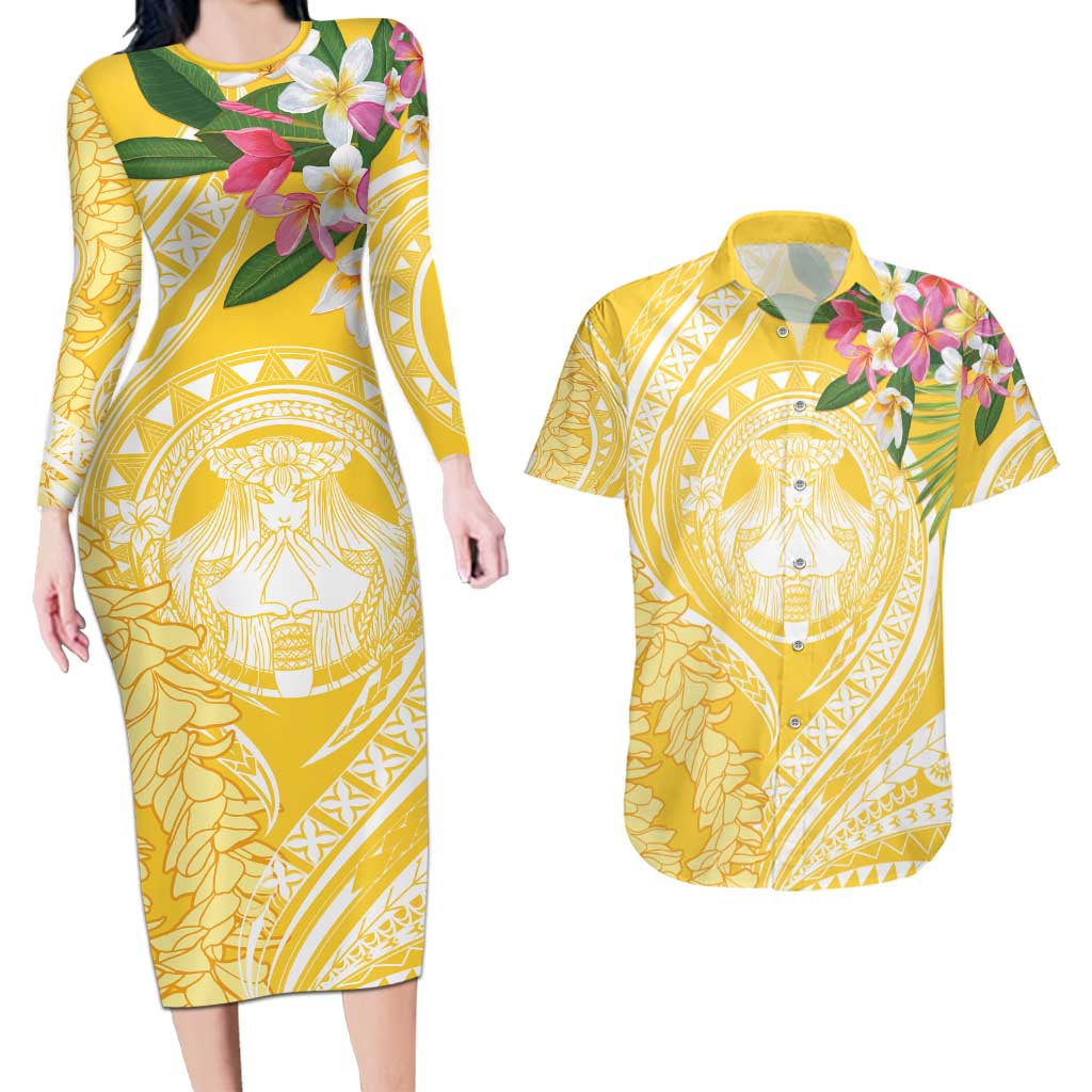 Aloha Hawaii Oahu Couples Matching Long Sleeve Bodycon Dress and Hawaiian Shirt Wahine with Ilima Lei LT7 Yellow - Polynesian Pride